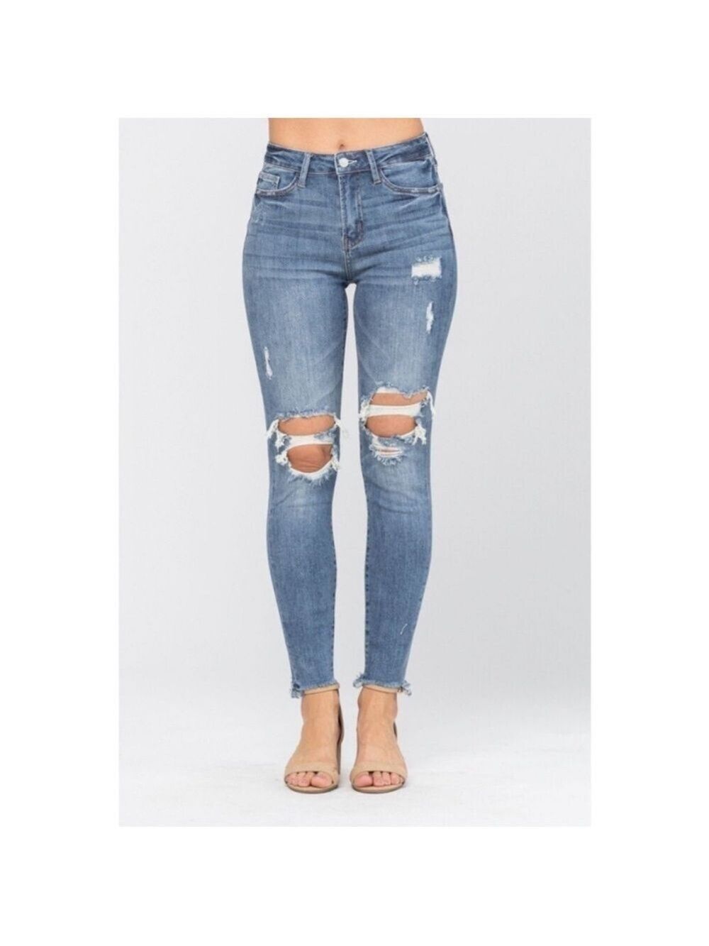 Judy Blue Medium Wash Skinny Fit Frayed Hem Distressed Jeans Women Size 3/26